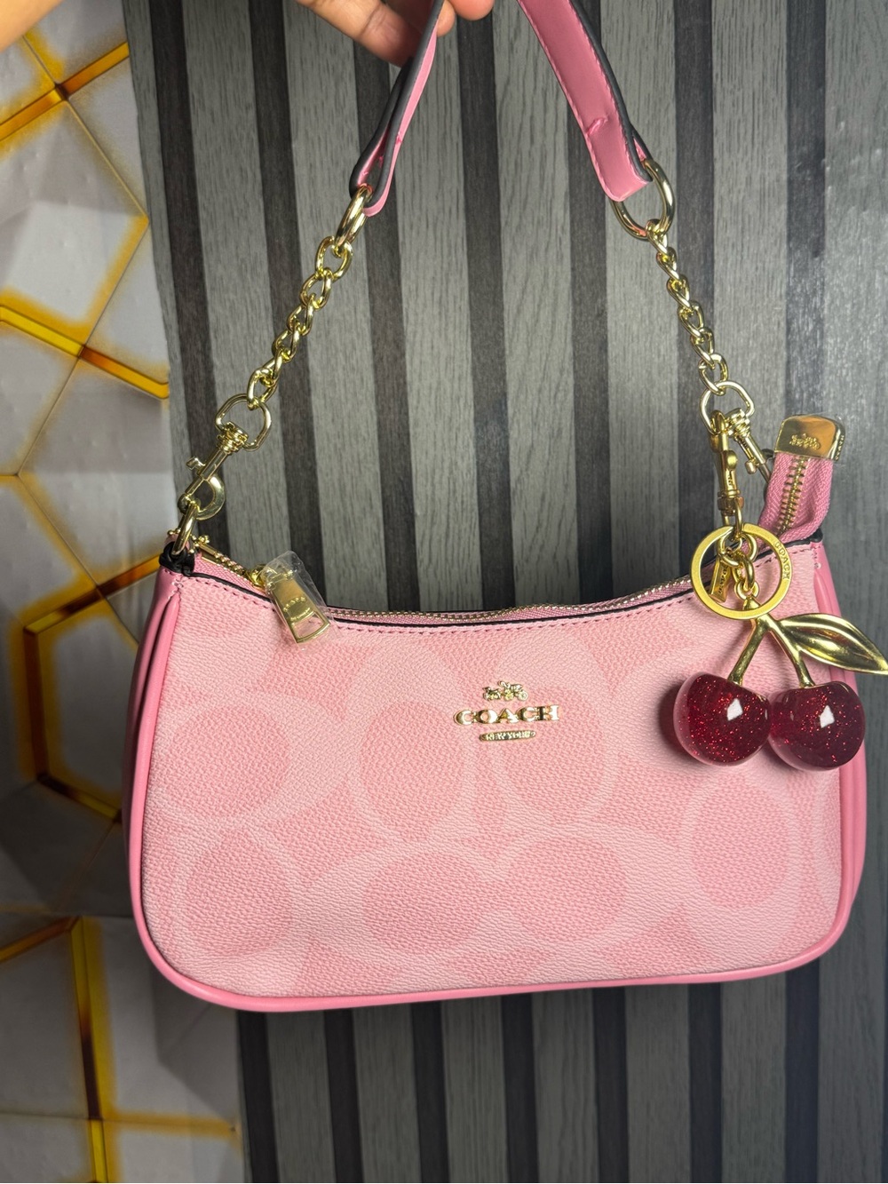 Coach Pink Signature Mini Shoulder Bag with Gold Chain and Cherry Charm